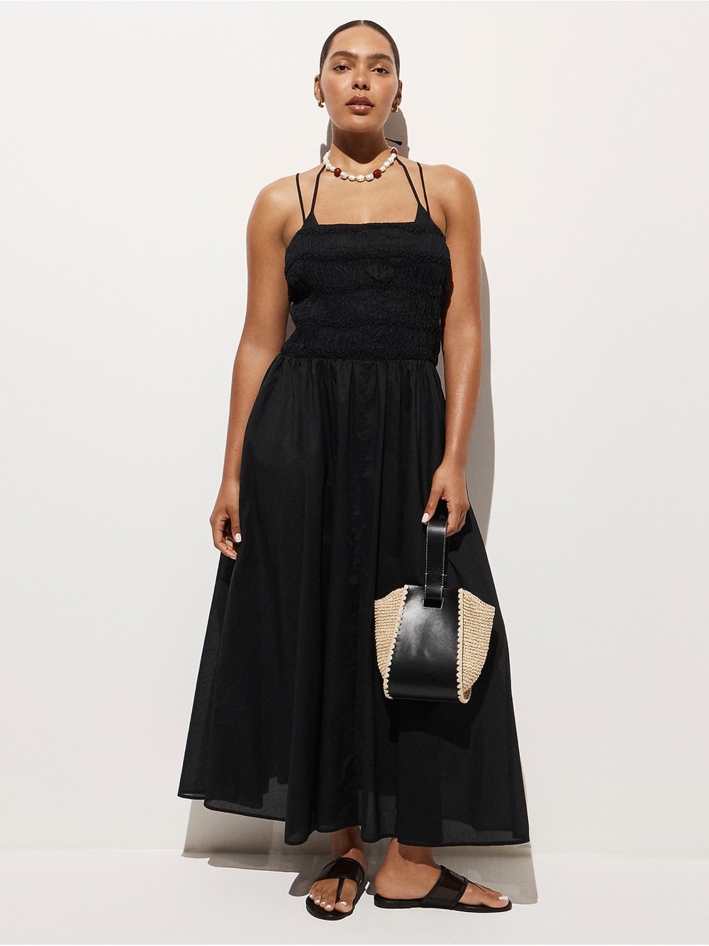 NWT J.Crew Wave Maxi Dress Cotton Voile Black Smocked Strappy Dress Size S